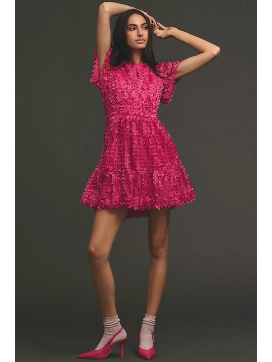 Anthropologie The Somerset Mini Dress Floral Applique Edition Hot Pink Large - Picture 2 of 15